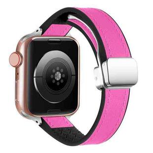 For Apple Watch Series 4 40mm Magnetic Folding Leather Silicone Watch Band(Rose Pink on Black)