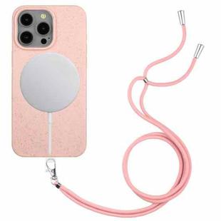 For iPhone 15 Pro Wheat MagSafe Magnetic Straw Material + TPU Phone Case with Lanyard(Pink)