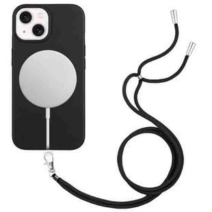 For iPhone 14 Plus Wheat MagSafe Magnetic Straw Material + TPU Phone Case with Lanyard(Black)