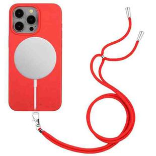 For iPhone 14 Pro Wheat MagSafe Magnetic Straw Material + TPU Phone Case with Lanyard(Red)