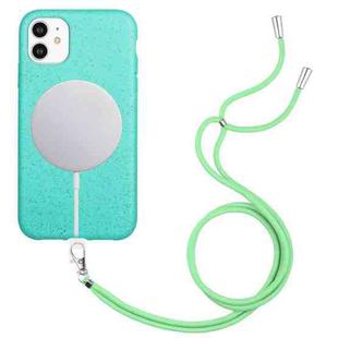 For iPhone 11 Wheat MagSafe Magnetic Straw Material + TPU Phone Case with Lanyard(Green)