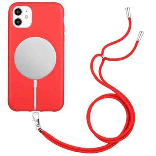 For iPhone 11 Wheat MagSafe Magnetic Straw Material + TPU Phone Case with Lanyard(Red)