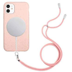 For iPhone 11 Wheat MagSafe Magnetic Straw Material + TPU Phone Case with Lanyard(Pink)