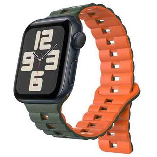 For Apple Watch SE 2023 44mm Reverse Buckle Two Color Magnetic Silicone Watch Band(Olive Green+Orange)