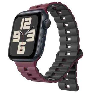 For Apple Watch SE 2023 44mm Reverse Buckle Two Color Magnetic Silicone Watch Band(Wine Red+Black)