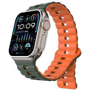 For Apple Watch Ultra 2 49mm Reverse Buckle Two Color Magnetic Silicone Watch Band(Olive Green+Orange)