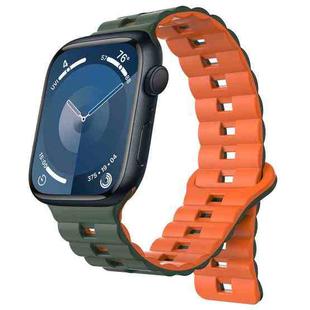 For Apple Watch Series 9 45mm Reverse Buckle Two Color Magnetic Silicone Watch Band(Olive Green+Orange)