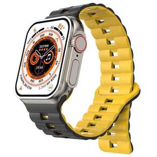 For Apple Watch Ultra 49mm Reverse Buckle Two Color Magnetic Silicone Watch Band(Black+Yellow)