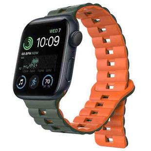 For Apple Watch SE 2022 44mm Reverse Buckle Two Color Magnetic Silicone Watch Band(Olive Green+Orange)