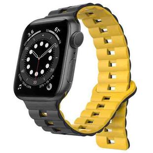 For Apple Watch Series 6 44mm Reverse Buckle Two Color Magnetic Silicone Watch Band(Black+Yellow)