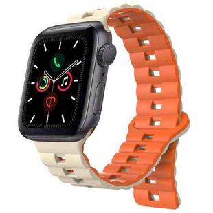 For Apple Watch Series 5 44mm Reverse Buckle Two Color Magnetic Silicone Watch Band(Starlight+Orange)