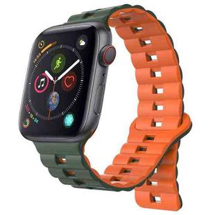 For Apple Watch Series 4 44mm Reverse Buckle Two Color Magnetic Silicone Watch Band(Olive Green+Orange)