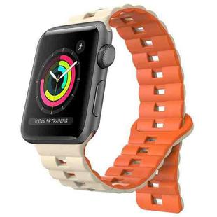 For Apple Watch Series 3 38mm Reverse Buckle Two Color Magnetic Silicone Watch Band(Starlight+Orange)