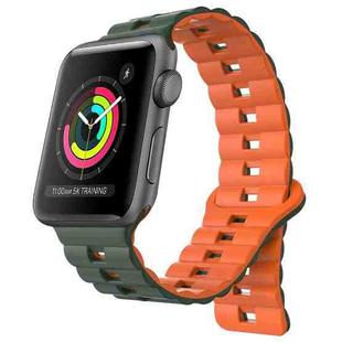 For Apple Watch Series 3 38mm Reverse Buckle Two Color Magnetic Silicone Watch Band(Olive Green+Orange)