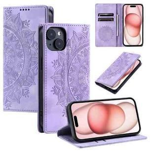 For iPhone 15 Plus Totem Embossed Magnetic Leather Phone Case(Purple)