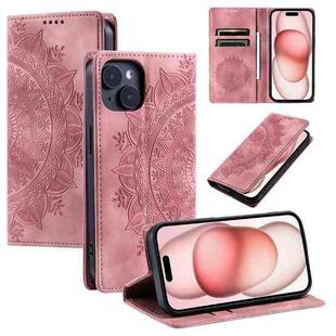 For iPhone 15 Totem Embossed Magnetic Leather Phone Case(Rose Gold)