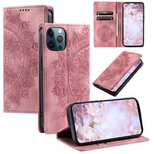 For iPhone 12 / 12 Pro Totem Embossed Magnetic Leather Phone Case(Rose Gold)