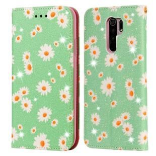 For Xiaomi Redmi 9 Glittering Daisy Magnetic Horizontal Flip Leather Case with Holder & Card Slots & Photo Frame(Green)