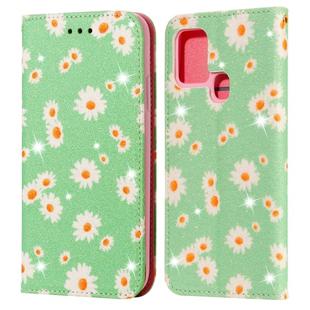 For Samsung Galaxy A21s Glittering Daisy Magnetic Horizontal Flip Leather Case with Holder & Card Slots & Photo Frame(Green)