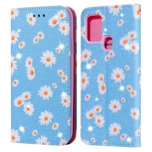 For Samsung Galaxy A21s Glittering Daisy Magnetic Horizontal Flip Leather Case with Holder & Card Slots & Photo Frame(Blue)