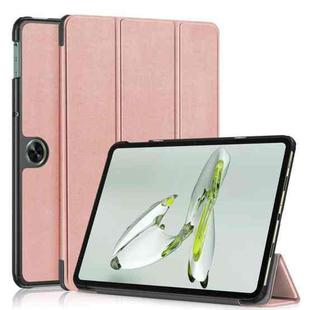 For OnePlus Pad Go / OPPO Pad Air2 / Neo Custer Solid Color 3-fold Holder Smart Leather Tablet Case(Rose Gold)