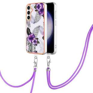For Samsung Galaxy S24 FE 5G Electroplating Pattern IMD TPU Shockproof Case with Neck Lanyard(Purple Flower)