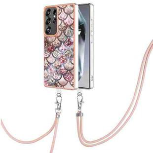 For Samsung Galaxy S25 Ultra 5G Electroplating Pattern IMD TPU Shockproof Case with Neck Lanyard(Pink Scales)