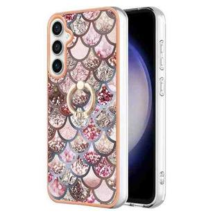 For Samsung Galaxy S24 FE 5G Electroplating Pattern IMD TPU Shockproof Case with Rhinestone Ring Holder(Pink Scales)