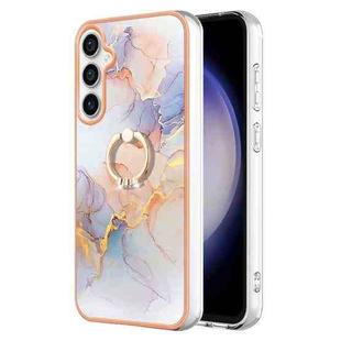 For Samsung Galaxy S24 FE 5G Electroplating Pattern IMD TPU Shockproof Case with Rhinestone Ring Holder(Milky Way White Marble)