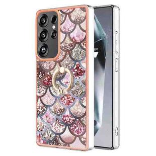 For Samsung Galaxy S25 Ultra 5G Electroplating Pattern IMD TPU Shockproof Case with Rhinestone Ring Holder(Pink Scales)