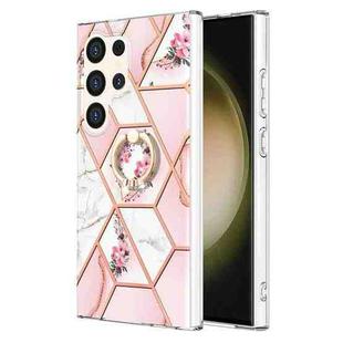 For Samsung Galaxy S24 Ultra 5G Electroplating Splicing Marble Flower Pattern TPU Shockproof Case with Rhinestone Ring Holder(Pink Flower)