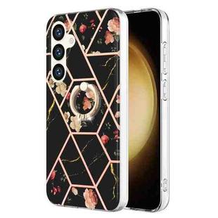 For Samsung Galaxy S24+ 5G Electroplating Splicing Marble Flower Pattern TPU Shockproof Case with Rhinestone Ring Holder(Black Flower)