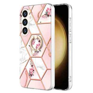 For Samsung Galaxy S24 5G Electroplating Splicing Marble Flower Pattern TPU Shockproof Case with Rhinestone Ring Holder(Pink Flower)