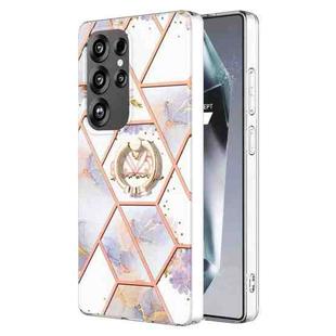 For Samsung Galaxy S25 Ultra 5G Electroplating Splicing Marble Flower Pattern TPU Shockproof Case with Rhinestone Ring Holder(Imperial Crown)