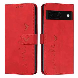 For Google Pixel 8a Skin Feel Heart Embossed Leather Phone Case with Long Lanyard(Red)