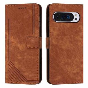 For Google Pixel 10 Pro XL Skin Feel Stripe Pattern Leather Phone Case with Lanyard(Brown)