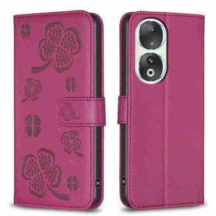 For Honor 90 5G Four-leaf Embossed Leather Phone Case(Rose Red)