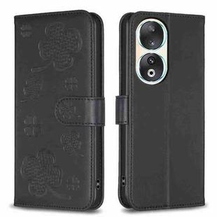 For Honor 90 5G Four-leaf Embossed Leather Phone Case(Black)