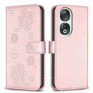 For Honor 90 5G Four-leaf Embossed Leather Phone Case(Pink)