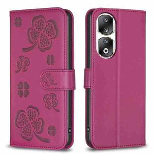 For Honor 90 Pro Four-leaf Embossed Leather Phone Case(Rose Red)