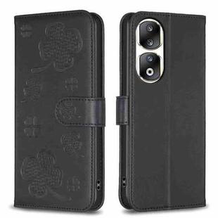 For Honor 90 Pro Four-leaf Embossed Leather Phone Case(Black)