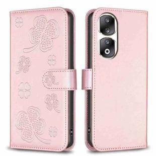 For Honor 90 Pro Four-leaf Embossed Leather Phone Case(Pink)