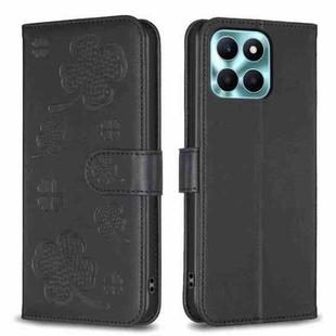 For Honor X6a Four-leaf Embossed Leather Phone Case(Black)