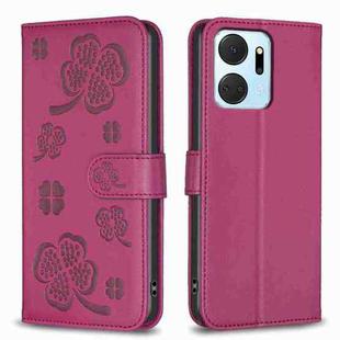 For Honor X7a Four-leaf Embossed Leather Phone Case(Rose Red)