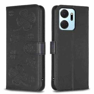 For Honor X7a Four-leaf Embossed Leather Phone Case(Black)