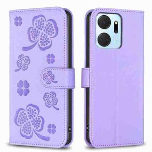 For Honor X7a Four-leaf Embossed Leather Phone Case(Purple)