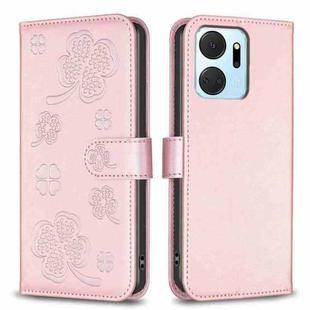 For Honor X7a Four-leaf Embossed Leather Phone Case(Pink)