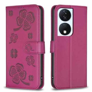 For Honor X7b Four-leaf Embossed Leather Phone Case(Rose Red)