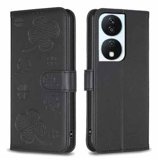 For Honor X7b Four-leaf Embossed Leather Phone Case(Black)