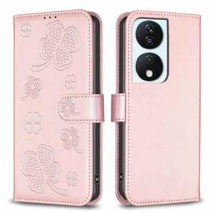 For Honor X7b Four-leaf Embossed Leather Phone Case(Pink)